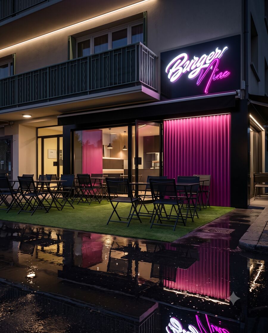 Devanture d'un restaurant Burger Nine de nuit